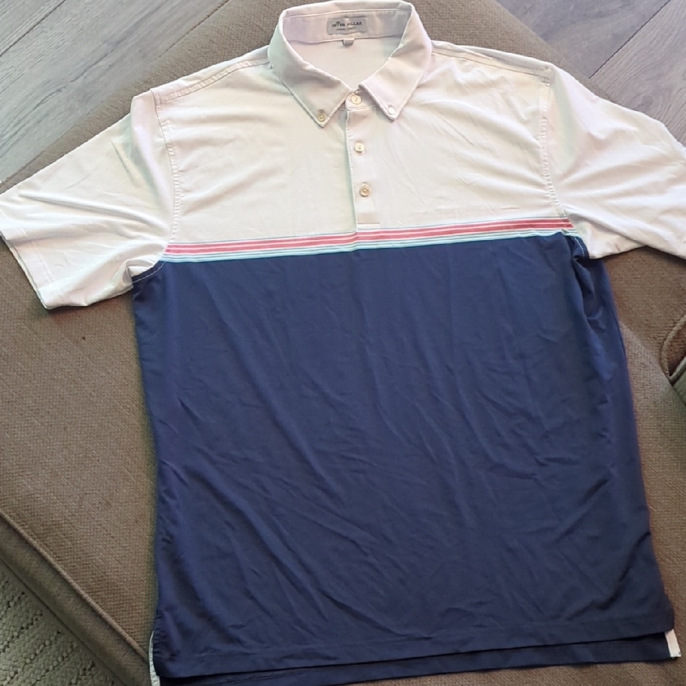 Peter Miller Men's White and Blue Polo/Golf Shirt. Size L